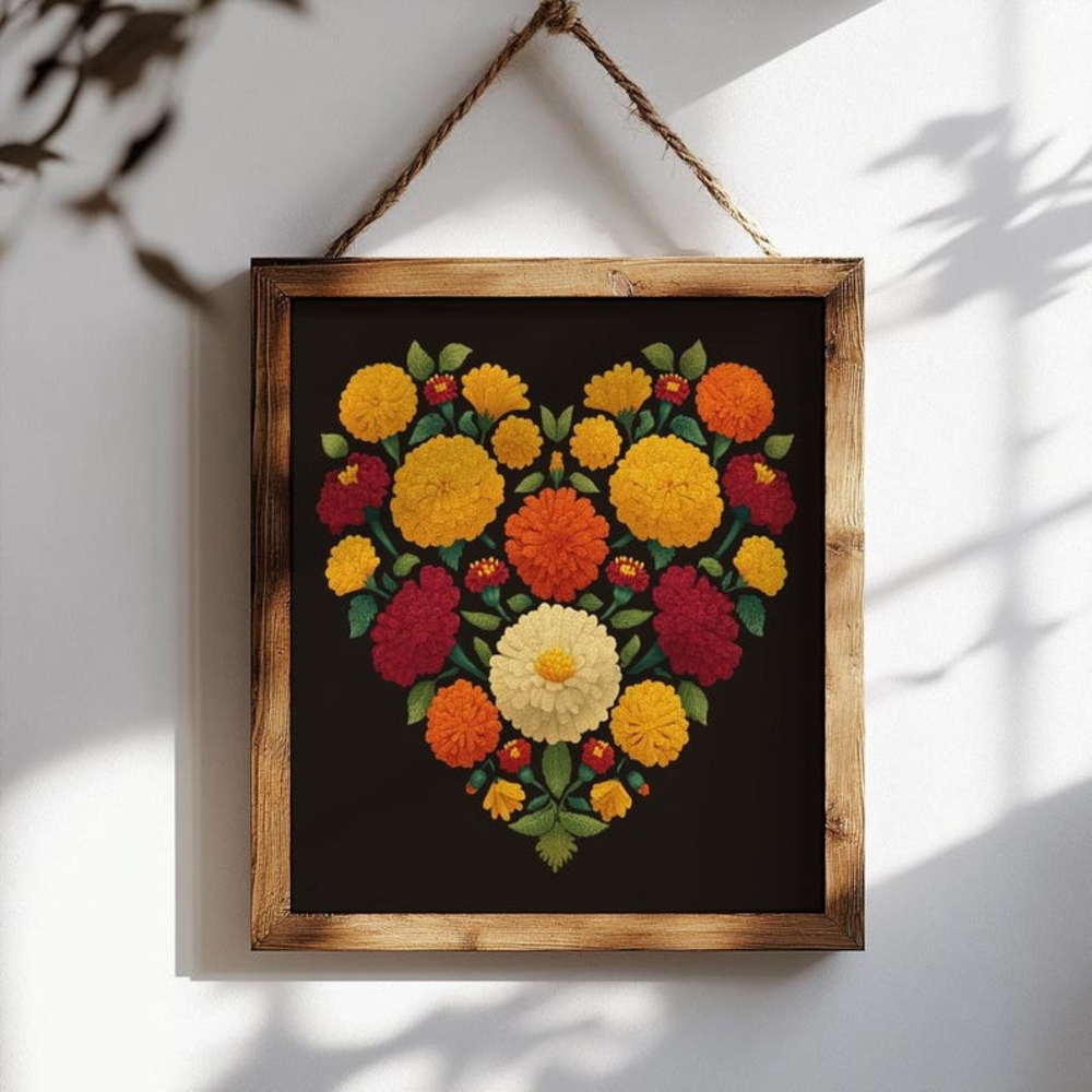 Valentines Folklorico Marigold Floral Heart Art Print–Mexican Corazon Inspired